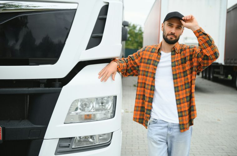 Men driver near lorry truck. Man owner truck driver near truck. Man trucker trucking owner.